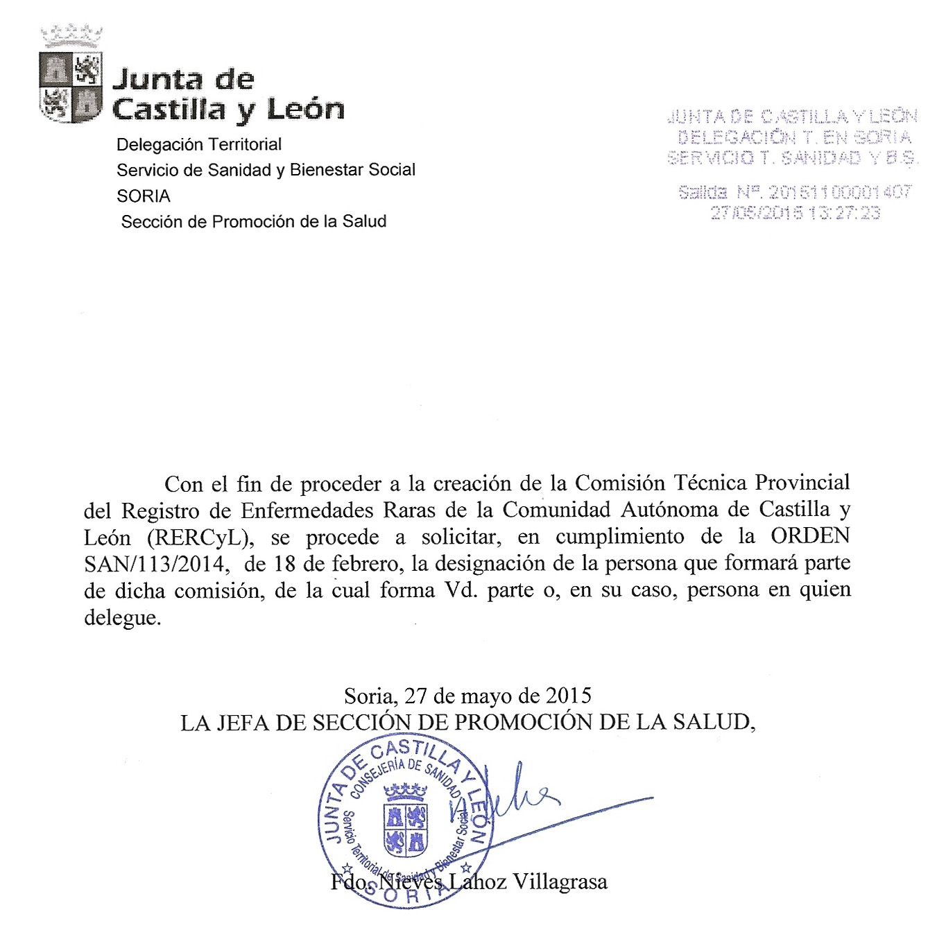 Documento de aprobación de la Comisión Técnica Provincial del Registro de Enfermedades Raras de la Comunidad Autonóma de Castilla y León